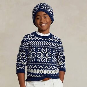 POLO RALPH LAUREN Navy Cream Patterned Sweater, 14/16, worn once